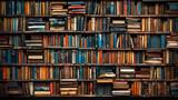 Fototapeta  - Old bookshelf with many old books in the library. Vintage background. AI Generative