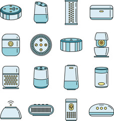 Sticker - Home smart speaker icons set. Outline set of home smart speaker vector icons thin line color flat on white