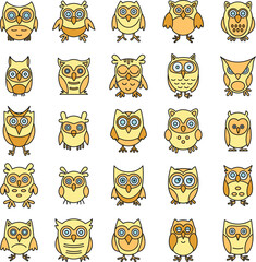 Wall Mural - Wild owl icons set. Outline set of wild owl vector icons thin line color flat on white