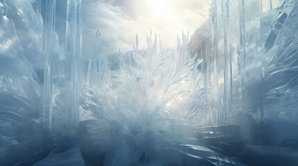 Wall Mural -  a digital painting of ice and ice crystals with a sun shining through the clouds in the middle of the picture.