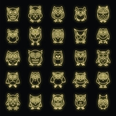 Wall Mural - Wild owl icons set. Outline set of wild owl vector icons neon color on black