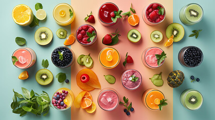 Sticker -  a table topped with glasses filled with different types of fruits and veggies on top of a blue and pink surface.