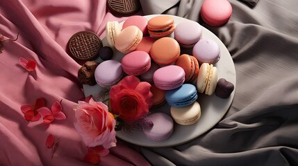 Canvas Print -  a white plate topped with macaroons next to a pink rose and a pink satin covered table cloth with a rose on it.