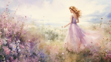 Sticker -  a painting of a woman in a purple dress walking through a field of flowers with a blue sky in the background.