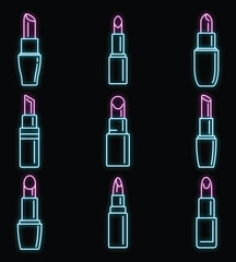 Poster - Luxury lipstick icons set. Outline set of luxury lipstick vector icons neon color on black