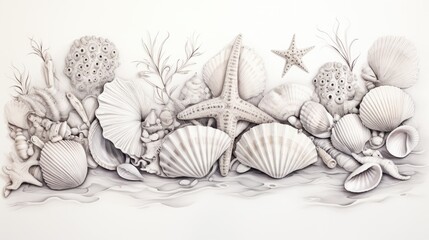 Wall Mural -  a drawing of seashells and starfish on a white background with a starfish in the foreground.