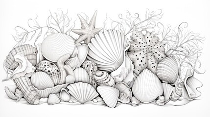 Sticker -  a pencil drawing of seashells and starfishs on a white background with a black and white border.