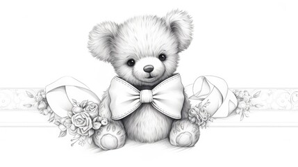 Poster -  a black and white drawing of a teddy bear wearing a bow tie and holding a bouquet of flowers in front of a white background.