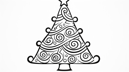 Poster -  a black and white drawing of a christmas tree with swirls and a star on the top of the tree.