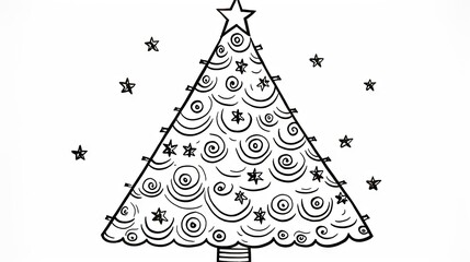 Sticker -  a black and white drawing of a christmas tree with stars and swirls on the top of the christmas tree.