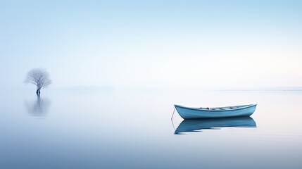 Poster -  a small boat floating on top of a body of water next to a lone tree in the middle of the ocean.