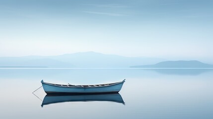 Poster -  a small blue boat floating on top of a lake next to a shore covered in snow covered mountains in the distance.