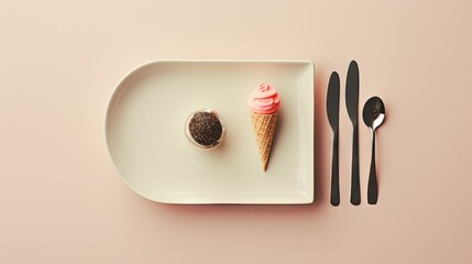 Sticker -  a white plate topped with an ice cream cone next to a fork and a cupcake on top of a white plate.