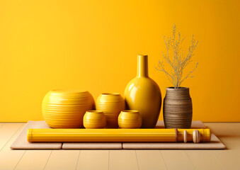 Yellow ceramic vases in Japanese style on a yellow background