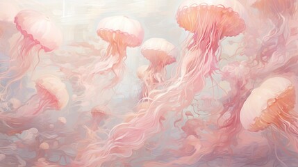 Poster -  a painting of pink jellyfish floating in the ocean with a blue sky in the back ground and a light blue sky in the background.