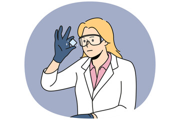 Wall Mural - young woman in white uniform look at chemical element make experiment. smiling female researcher or 