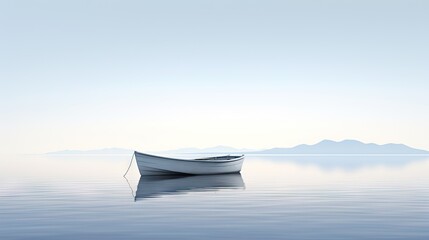 Poster -  a small boat floating on top of a large body of water with mountains in the distance on a hazy day.