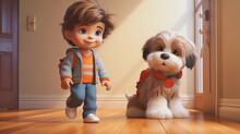 3d Illustration Of A Cartoon Boy With His Cute Brown Dog In A Room