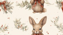  A Watercolor Painting Of A Rabbit With A Bow On It's Head, Surrounded By Greenery And Berries.