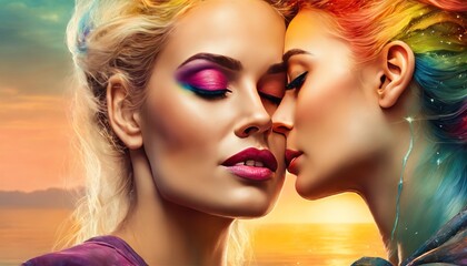 Two pretty sexy stylish cool generation z girls lgbtq lesbian couple dating in love enjoying intimate tender sensual moment together. paint drops, colorful female head, intricate and intense oil paint