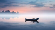  A Small Boat Floating On Top Of A Body Of Water Under A Sky Filled With Clouds With A Person Standing In The Front Of The Boat.