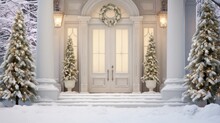  A White Front Door With Christmas Trees In Front Of It And A Wreath Hanging On The Front Of The Door.