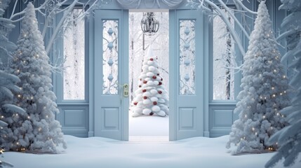 Wall Mural -  a white christmas tree in front of a blue door with snow on the ground and a chandelier hanging from the ceiling.