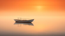  A Boat Floating On Top Of A Body Of Water Under A Bright Orange Sky With The Sun In The Distance.