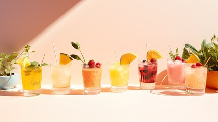 Poster -  a row of glasses filled with different types of drinks next to a potted plant and a potted plant.