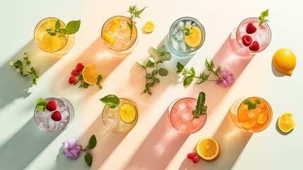 Poster -  a group of glasses filled with different types of fruit and veggies next to each other on a white surface.