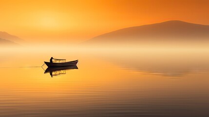 Poster -  a boat floating on top of a lake next to a shore covered in fog and a mountain range in the distance.