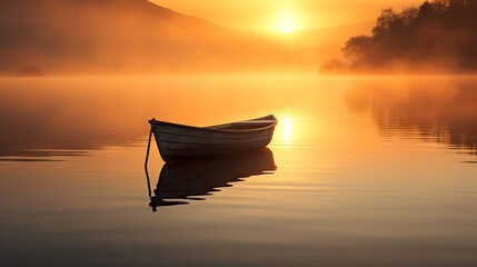 Poster -  a boat floating on top of a lake next to a shore covered in fog and a sun setting in the distance.