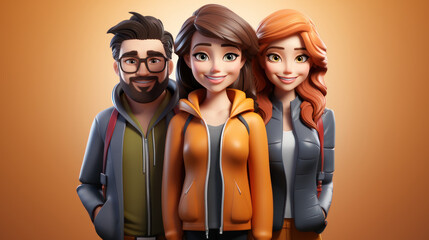 3D illustration of cartoon group of young people with different hairstyles.