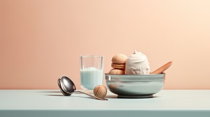 Sticker -  a bowl of ice cream, a glass of milk, a spoon and a cookie on a table with a pink background.