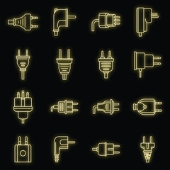 Poster - plug cord icons set. outline set of plug cord vector icons neon color on black