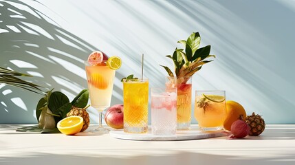 Poster -  a white table topped with glasses filled with different types of drinks next to lemons and pomegranates.