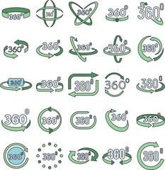 Poster - Virtual 360 degrees icons set. Outline set of virtual 360 degrees vector icons thin line color flat on white