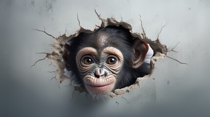 Sticker -  a monkey looking out of a hole in the wall with its head sticking out of it's side, with a human face in the center of the hole.