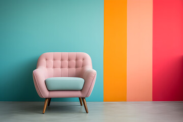 Colorful armchair on blue wall retro interior living room 