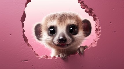 Wall Mural -  a close up of a small animal peeking out of a hole in a pink wall with a hole in the side of the wall with a small animal sticking out of it's face.