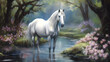 A white horse standing in a forest with flowers and trees around it and a stream running through the woods