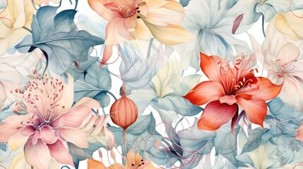 Poster -  a watercolor painting of flowers and leaves on a white background with blue, pink, yellow, and orange colors.