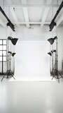 Fototapeta  -  Professional photography studio featuring a pristine white roll-up backdrop and strategically placed photo lights for optimal shooting conditions.