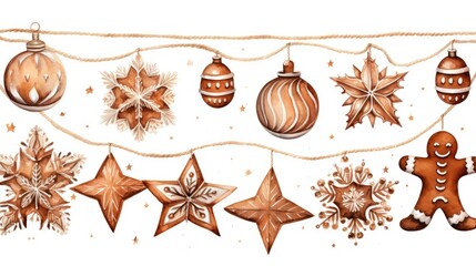 Poster -  a watercolor drawing of christmas ornaments and decorations hanging on a line with twine of twine and twine of twine.