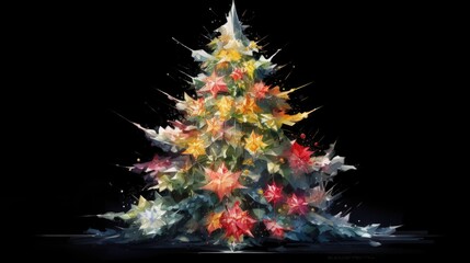 Poster -  a multicolored christmas tree with stars on the top and a star on the bottom of the christmas tree.