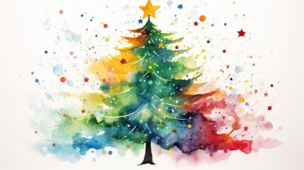 Wall Mural -  a watercolor painting of a christmas tree with stars on the top and a star on the bottom of the tree.