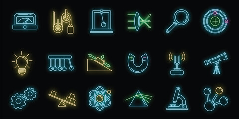 Poster - Physics science icons set. Outline set of physics science vector icons neon color on black
