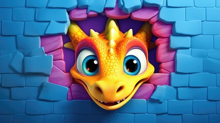 Wall Mural -  a yellow dragon sticking its head out of a hole in a blue brick wall with a purple brick wall behind it and a yellow dragon's head peeking out of the wall.