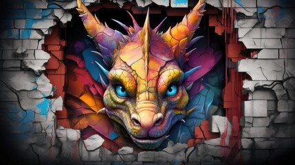 Wall Mural -  a painting of a dragon's head is shown through a hole in a brick wall with paint splatters all over the surface and a brick wall behind it.