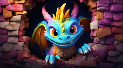 Wall Mural -  a blue and yellow dragon is peeking out of a hole in a pile of pink and purple rocks, with his eyes wide open and his head slightly to the side.